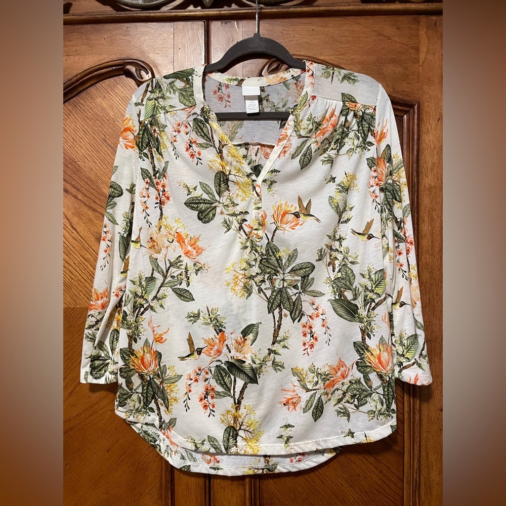 H&M Floral Sheer Blouse Tunic Top bird hummingbird cream green orange yellow - Picture 1 of 12